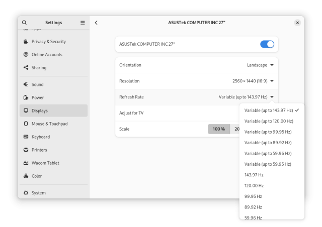 Settings showing new refresh rate selector