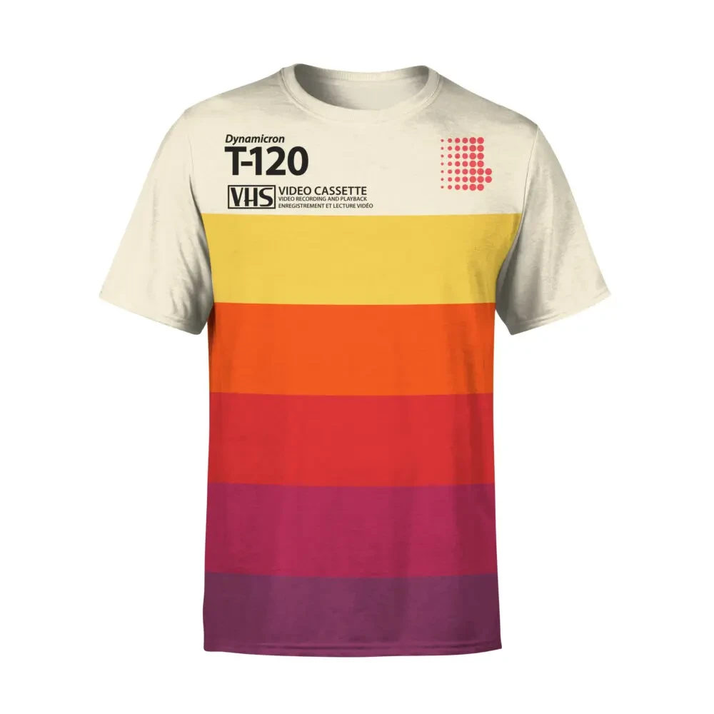 A T-Shirt that is a large version of a Dynamicron T-120 VHS Cassette tape. The top is off-white and then a stepped gradient goes from yellow, through red, to deep wine.