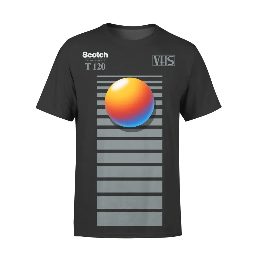 A T-Shirt that is a large version of a Scotch T-120 VHS Cassette tape. A smooth gradient sphere hovers in front of a series of grey bars that get thicker as they go down the shop, as if coming into the foreground.