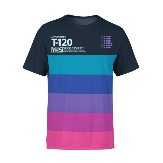 A T-Shirt that is a large version of a Dynamicron T-120 VHS Cassette tape. This one starts navy blue at the top, then has a cyan bar underneath, which goes through a gradient of bi flag colours.