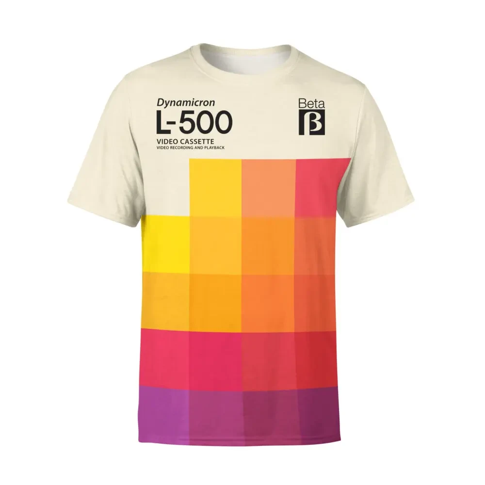 A T-Shirt that is a large version of a Dynamicron L-500 Betamaz Cassette tape. The top of the shirt is off white, and then there's a matrix of colours expanding from off white in the top left, through yellows, oranges, reds, and finally purples in the bottom right.