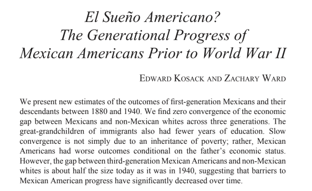 El Sueño Americano? The Generational Progress of Mexican Americans Prior to World War 

Epward Kosack AND ZACHARY WARD 

We present new estimates of the outcomes of first-generation Mexicans and their descendants between 1880 and 1940. We find zero convergence of the economic gap between Mexicans and non-Mexican whites across three generations. The great-grandchildren of immigrants also had fewer years of education. Slow convergence is not simply due to an inheritance of poverty; rather, Mexican Americans had worse outcomes conditional on the father’s economic status. However, the gap between third-generation Mexican Americans and non-Mexican whites is about half the size today as it was in 1940, suggesting that barriers to Mexican American progress have significantly decreased over time. 