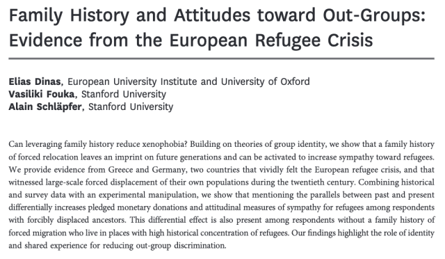 Family History and Attitudes toward Out-Groups: Evidence from the European Refugee Crisis

Elias Dinas, European University Institute and University of Oxford

Vasiliki Fouka, Stanford University

Alain Schlipfer, Stanford University

Can leveraging family history reduce xenophobia? Building on theories of group identity, we show that a family history of forced relocation leaves an imprint on future generations and can be activated to increase sympathy toward refugees. We provide evidence from Greece and Germany, two countries that vividly felt the European refugee crisis, and that witnessed large-scale forced displacement of their own populations during the twentieth century. Combining historical and survey data with an experimental manipulation, we show that mentioning the parallels between past and present differentially increases pledged monetary donations and attitudinal measures of sympathy for refugees among respondents with forcibly displaced ancestors. This differential effect is also present among respondents without a family history of forced migration who live in places with high historical concentration of refugees. Our findings highlight the role of identity and shared experience for reducing out-group discrimination. 