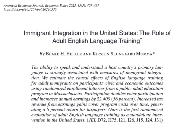 American Economic Journal: Economic Policy

Immigrant Integration in the United States: The Role of Adult English Language Training

By BLAKE H. HELLER AND KIRSTEN SLUNGAARD MUMMA

The ability to speak and understand a host country’s primary language is strongly associated with measures of immigrant integration. We estimate the causal effects of English language training for adult immigrants on participants’ civic and economic outcomes using randomized enrollment lotteries from a public adult education program in Massachusetts. Participation doubles voter participation and increases annual earnings by $2,400 (56 percent). Increased tax revenue from earnings gains cover program costs over time, generating a 6 percent return for taxpayers. Ours is the first randomized evaluation of adult English language training as a standalone intervention in the United States. 