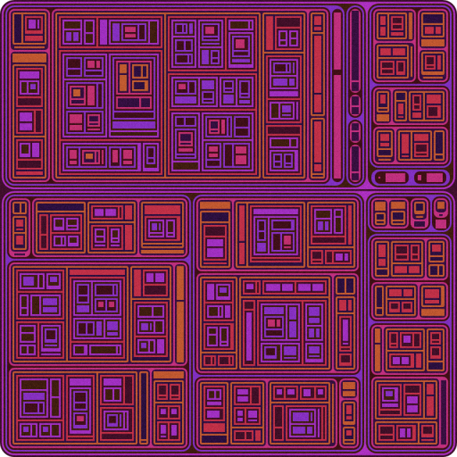 An arrangement of many nested rectangles. Purple-orange color scheme. Very slight noise texture.