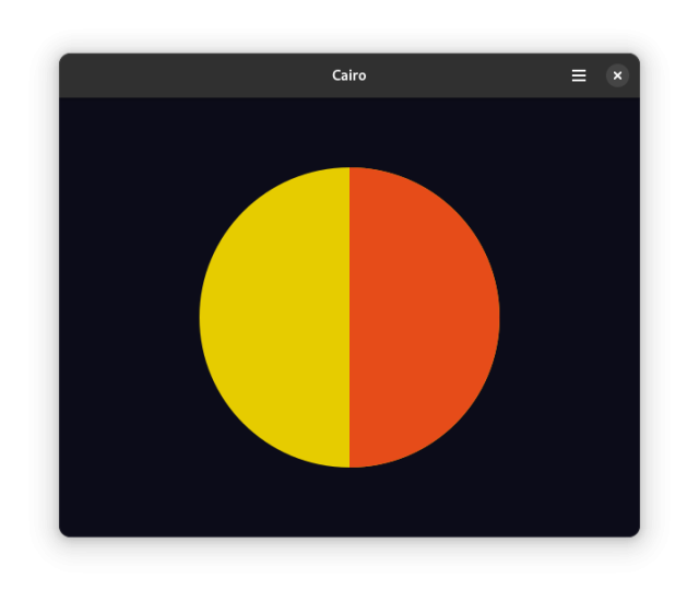 Screenshot of an application window displaying a circle split into yellow and orange halves on a dark blue background. The circle is drawn with Cairo instructions.