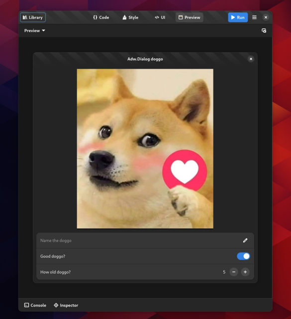 A screenshot of Workbench.

A libadwaita dialog is centered in the preview

There is a funny meme picture of Shiba Inu dog