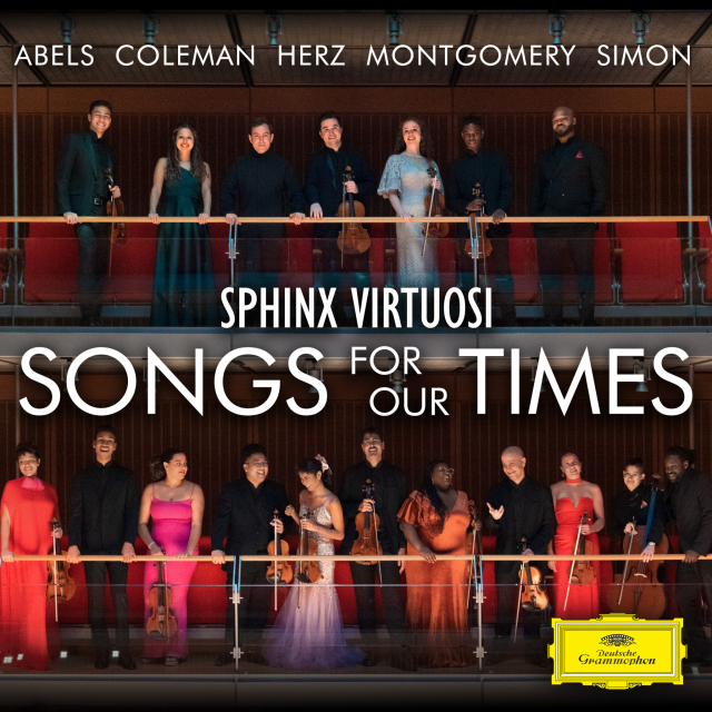Cover of Sphinx Virtuosi’s Deutsche Grammophon album “Songs for our Times”, featuring a photo of the 18 member ensemble of Black and Latinx string performers.