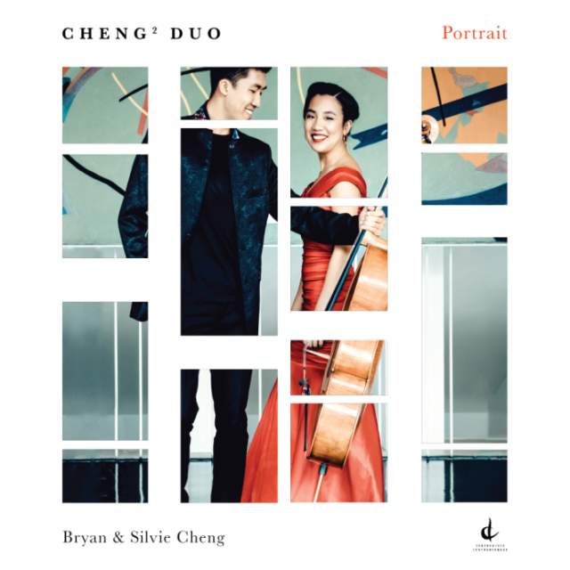 Cover of Cheng² Duo’s CMC Centrediscs album “Portrait”, featuring a photo of the members of the duo, including a cello, with Bryan and  Silvie Cheng visible through irregular white cutouts.