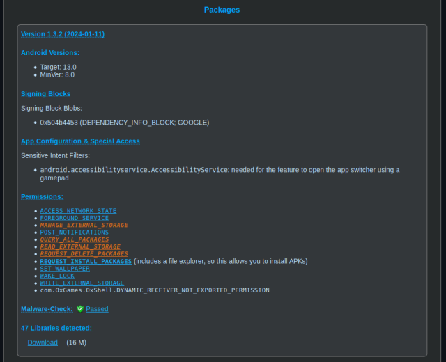 screenshot of the package section from a "random app" showing details on one of its APKs, including Android Versions, Signing Block BLOBs, sensitive intent filters, all permissions requested with sensitive permissions highlighted (some of them explained and thus without "warning colors"), malware check results, library scan results