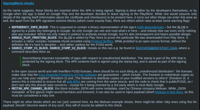 screenshot from the IzzyOnDroid repository information showing the section outlining some background of the SignatureBlock checks concerning „SignatureBlock BLOBs“ which might raise concerns