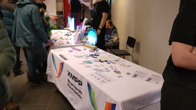 The realtime lounge at FOSDEM with the XMPP booth