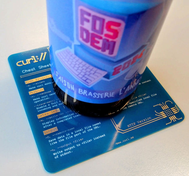 A #fosdem beer on a #curl pcb coaster.