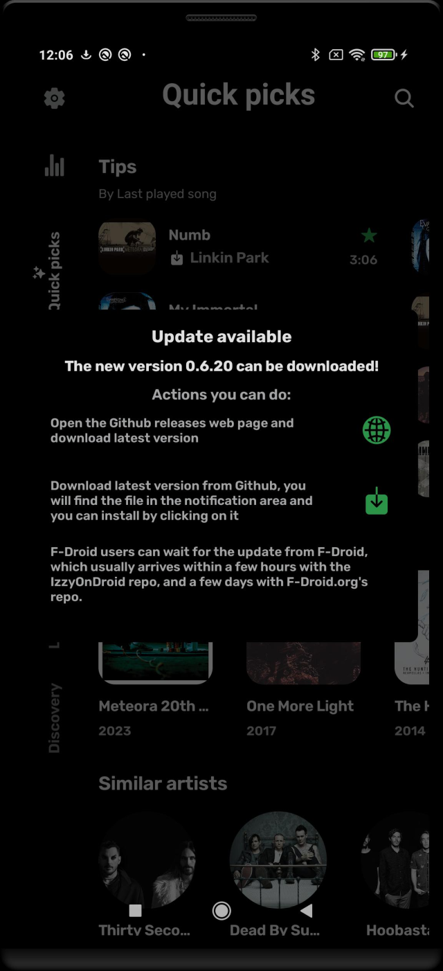 screenshot from an app announcing an update is available, citing 3 options: downloading it manually from Github, trigger a download from directly inside the app to be applied via Android's download notification, or leave it to your favorite F-Droid client to take care of it.