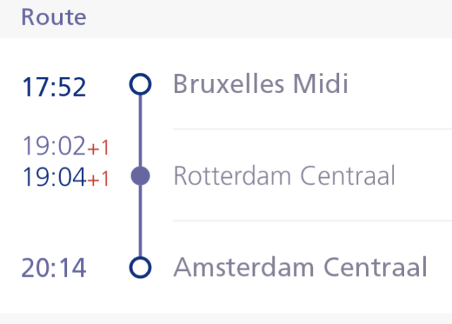 A timetable of a train showing driving time of 70 minutes between Rotterdam Centraal and Amsterdam Centraal.