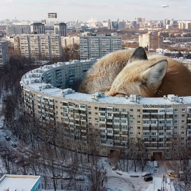 A photoshopped image of a giant fox curled up on top of a curved apartment building with a snowy urban landscape in the background.