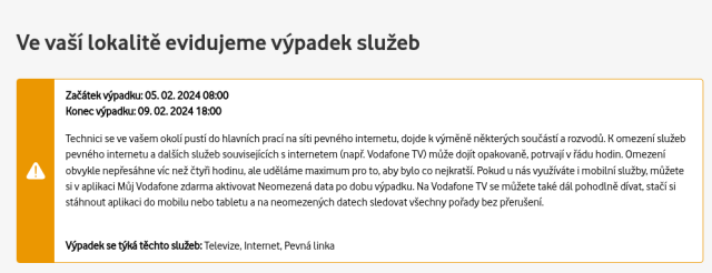 Screenshot of message saying that on my location there is a internet service outage from 5th to 9th February.