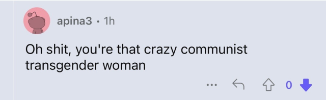 A screenshot of a Reddit comment that says, “Oh shit, you’re that crazy communist transgender woman”