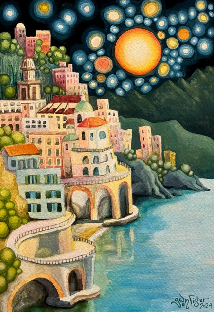 Gouache painting of the Amalfi Coast. It’s a city with buildings and trees on the water with a steep cliff and roads that wind down to the water. Mountains in the background. The style is cartoonish and folk art but still with a sense of depth and perspective. The night sky is reminiscent of Van Gogh’s starry night with many circular blobs of light. 