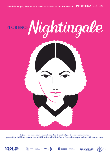 Cartel del Día de la Mujer y la Niña en la Ciencia PIONERAS 2024 presentado por la Universidad de Oviedo y el Principado de Asturias.

Sobre un fondo rosa se muestra la caricatura de la cara de Florence Nightingale