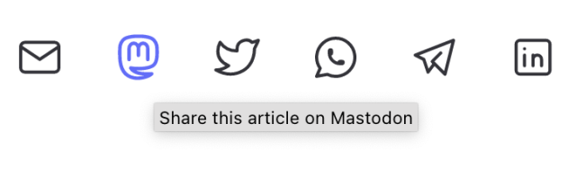 monochromatic share icons on a webpage, with a purple Mastodon button highlighted