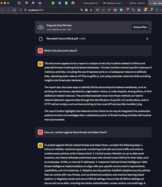 Captura de pantalla de un chatbot ejecutado en local donde se ve que subo un documento PDF y le empiezo a hacer preguntas sobre él. En primer lugar un resumen y a continuación una pregunta más compleja sobre qué medidas puedo tomar para protegerme de las amenazas documentadas en él.