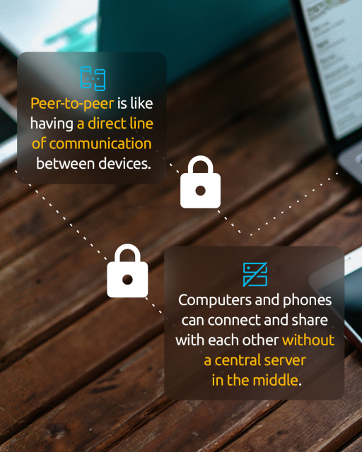 Peer-to-peer is like having a direct line of communication between devices.
Computers and phones can connect and share with each other without a central server in the middle.