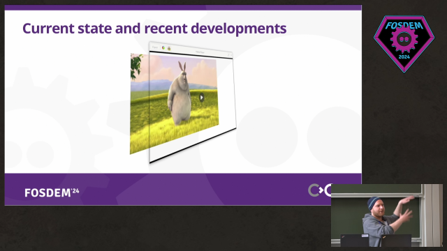 A screenshot from video of the presentation mentioned. A a slide with the GTK4 demo video player is visible, as well the speaker.