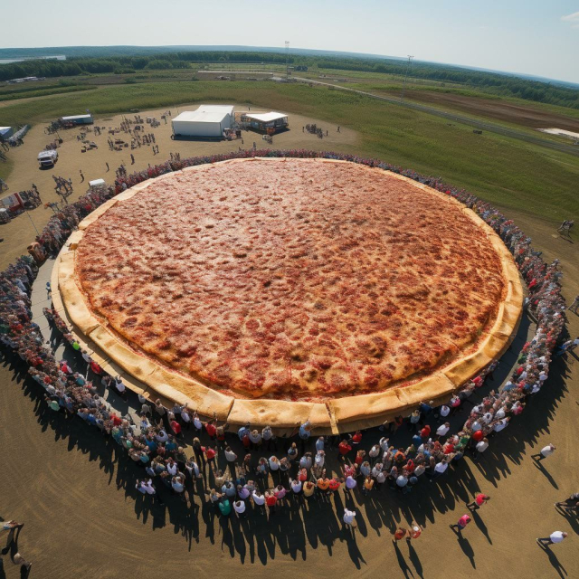 Pic of world's biggest pizza, in an open field, surrounded by people