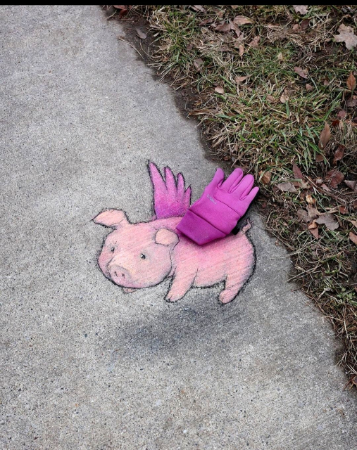 Streetart. A flying pink piglet with a 3D effect was painted with chalk on a gray sidewalk. It has big eyes and hovers above the ground with its large purple wings. One of the two wings is a purple glove that someone had lost there and which was integrated into the picture.
Title: "To whoever lost a glove on Madison Street: thank you for the uplifting contribution."