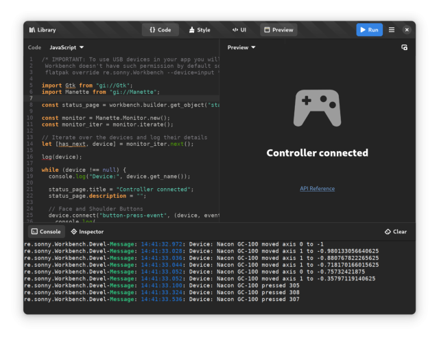 A screenshot of Workbench

The left panel shows JavaScript code making using of libmanette API

The right panel shows a gamepad icon and"Controller connected"

The bottom panel shows a bunch of log messages from gamepad events.