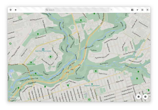 GNOME Maps app showing a highway and some parks near Toronto, Canada