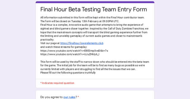 Final Hour Beta Testing Team Entry Form