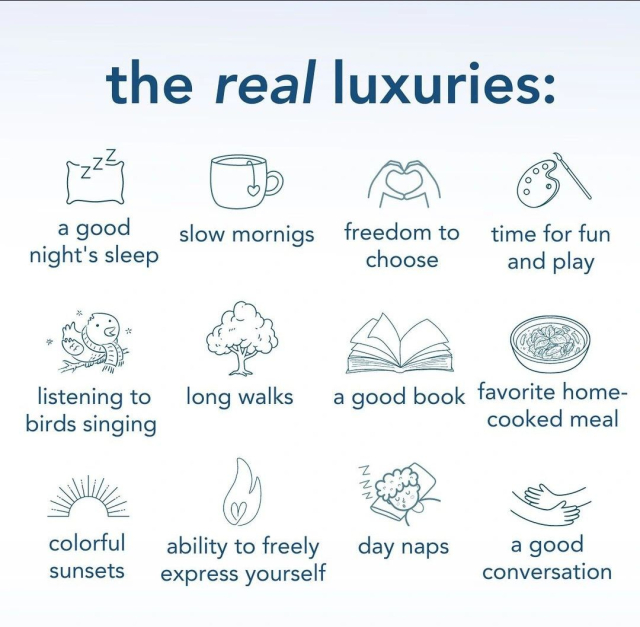 The image is a graphic titled "the real luxuries," highlighting simple yet profound pleasures in life. It features a two-column list with illustrations and corresponding text for each item:

"a good night's sleep" with an icon of a pillow and Z's, representing sleep.
"slow mornings" accompanied by a coffee cup icon.
"freedom to choose" symbolized by an open hand with a heart in the center.
"time for fun and play" depicted with an artist's palette and brushes.
"listening to birds singing" with an illustration of a bird on a branch with musical notes.
"long walks" represented by a tree.
"a good book" shown with a book icon.
"favorite home-cooked meal" with a bowl of food.
"colorful sunsets" with a sun partly below a horizon line.
"ability to freely express yourself" symbolized by a flame.
"day naps" with a cloud and moon indicating sleep.
"a good conversation" depicted by two hands in a handshake gesture.

The overall message is an appreciation for life's simple joys, depicted in a clean, minimalist design with blue icons and text on a white background.
