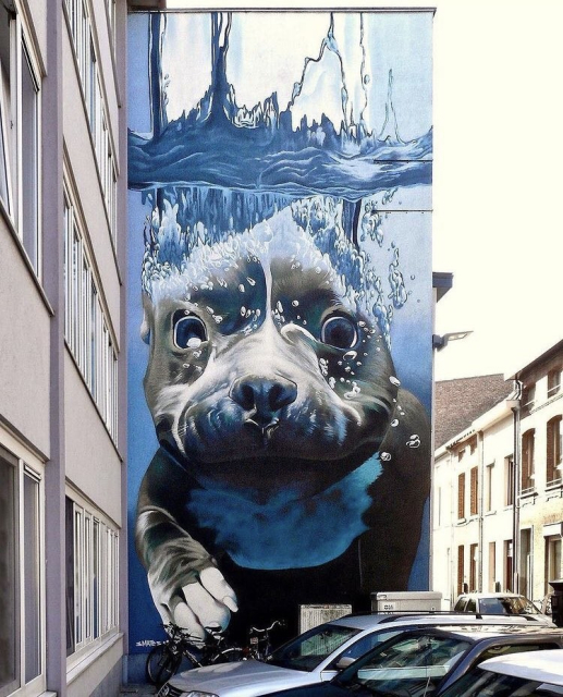 Streetartwall. A photorealistic mural of a swimming dog was sprayed onto the outside wall of a four-storey building. A small gray and white dog with large eyes and a white paw appears to be diving into clear blue water and looking at the viewer. The mural has a photorealistic design and even the splashing drops of water can be seen. The narrow wall runs diagonally to the main wall, in front of which a few cars are parked. The photo shows on the right other house fronts.