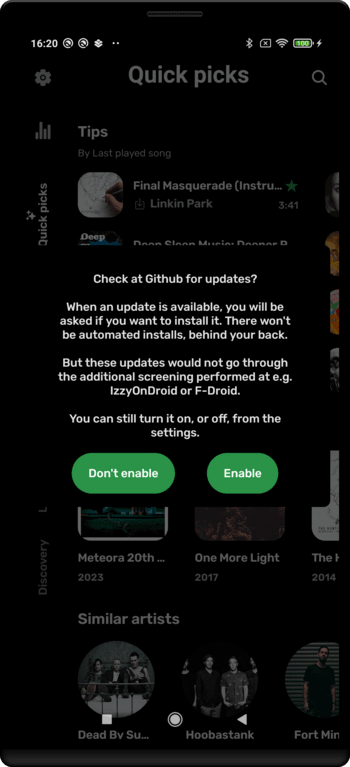popup in RiMusic asking whether the app should check for updates itself, making clear where those updates would come from and that they wouldn't go through the additional screening provided by IzzyOnDroid or F-Droid. Note the 2 green buttons: no nudging.