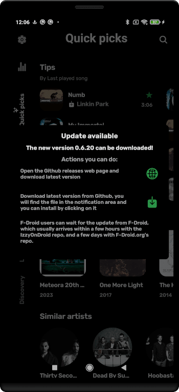 Second popup in RiMusic announcing an available update (which of course only happens if updates were enabled), clearly outlining possible actions: 1) open the web browser to download the APK, 2) let RiMusic trigger the download so you can install from the notification, 3) have a little patience and wait until the update arrives in your favorite F-Droid repo.