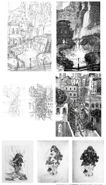 A compilation of pencil and ink process steps.