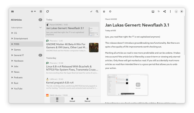 Screenshot of 'Newsflash' feed reader app