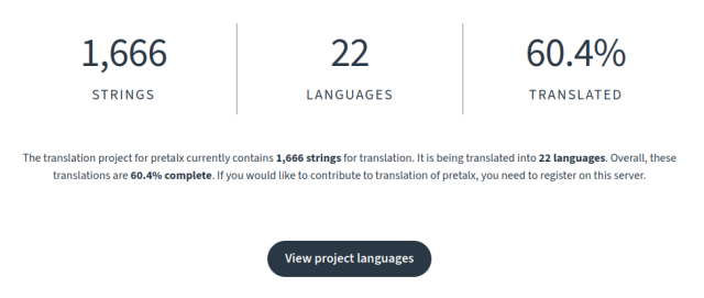 Panel showing statistics on pretalx translations: 1666 strings, 22 languages, 60.4% translated (plus a call to action to help with translations).