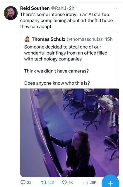 The original tweet was posted by an AI startup founder about someone stealing a painting from their office and asking for help to identify the person. However, this tweet went viral quickly with a witty reply that said: There's some intense irony in an AI startup company complaining about art theft. I hope they can adapt.