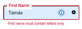 Screenshot showing the first name field of a registration form, with my first name filled in (Tamás) and an error saying that "First name must contain letters only"