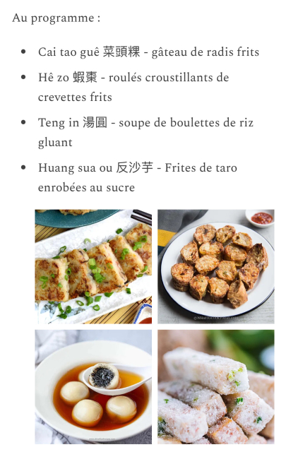 A screenshot of traditional Teochew foods and their French translations 