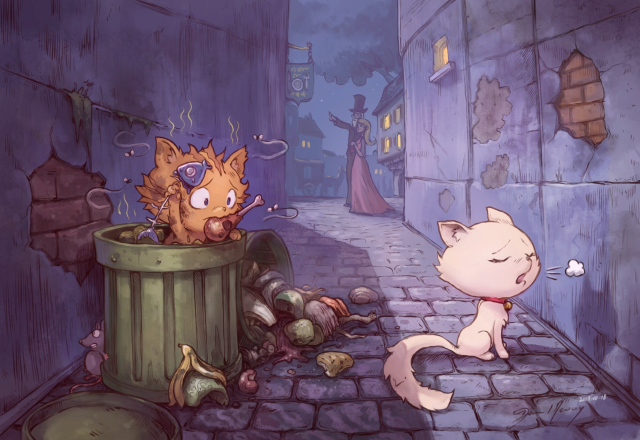 A colored drawing: in a narrow street with trashes, an orange cat show he found a rotten chicken leg and the head and tail of a fish. He is stinky, but full of good intentions. A cat lady in white has higher standards and feel a bit ashame to be invited to this "dinner". In background, a couple in dress and hat goes to a luxury three star restaurant. 

License: CC-By 4.0