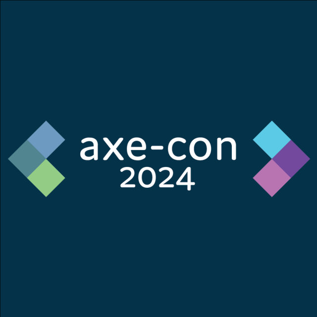 Axe-Con 2024 logo.  The words "axe-con" and "2024" on two lines in the center in white, surrounded by < > symbols each made of three suqares of different colours.  The squares on the left are blue, grey-green and light green.  The squares on the right are light blue, purple and pink, all on a dark turquoise background