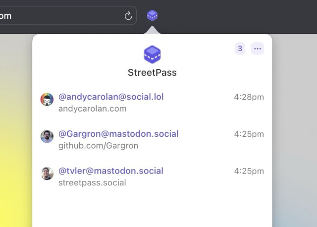 Screenshot of StreetPass for Mastodon showing accounts discovered while browsing the web