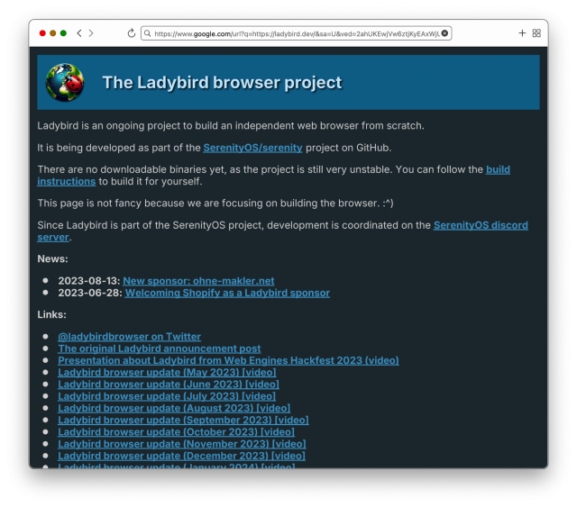 ladybird browser webpage seen in the browser itself