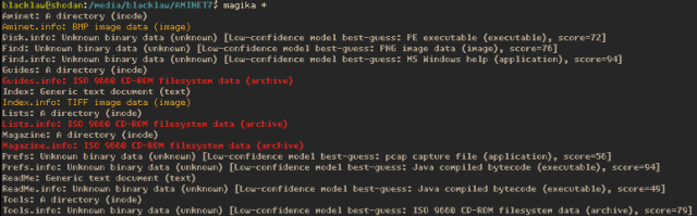 A screenshot of a terminal session in which Google's Magika, a tool for identifying file types via machine learning, is run against the root directory of a CU Amiga coverdisc. Only the directories plus one file, a plain-text document, are correctly identified.