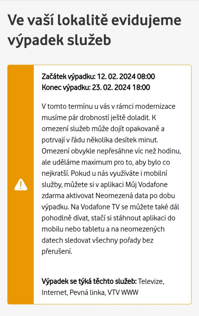 Warning message about internet service outage from February 12 to February 23.
It says that service outages can occur in these days no longer than a hour.