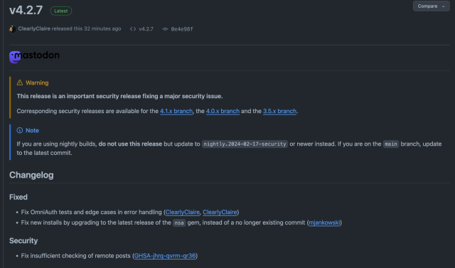 Another mastodon security release, 4.2.7